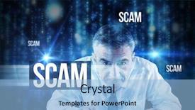 Presentation with scam - PPT theme featuring basic electrinic - word scam and mature businessman background and a light blue colored foreground