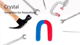  Presentation with magnet - Theme enhanced with science magnetic field - horseshoe magnet with tools isolated background and a white colored foreground