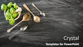  Presentation with mortar - Cool new PPT theme with basil in a wooden mortar and spoons on a black background backdrop and a dark gray colored foreground
