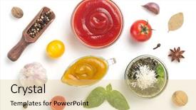  Presentation with sauces - Slides featuring set of dip sauces in bowl isolated on white background background and a lemonade colored foreground