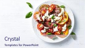  Presentation with mozzarella cheese - Presentation enhanced with basil leaves mediterranean cuisin background and a sky blue colored foreground