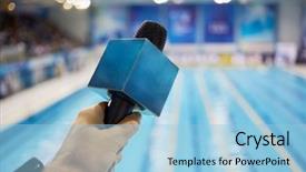  Presentation with trophy award hand holding - Slides having basins - male hand holding microphone background and a light blue colored foreground