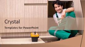  Presentation with wash - Theme enhanced with basins - young plumber repairing wash basin background and a coral colored foreground