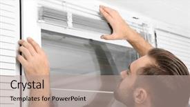  Presentation with home window frame - Colorful slide deck enhanced with basis - man installing window blinds backdrop and a coral colored foreground