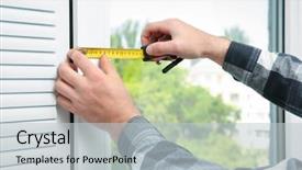  Presentation with home window frame - Cool new theme with basis - young man installing window shades backdrop and a light gray colored foreground