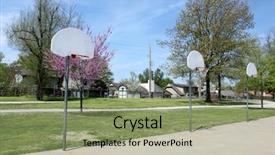  Presentation with march madness basketball final hoop - Audience pleasing slides consisting of basket ball court - empty basketball playground backdrop and a seafoam green colored foreground