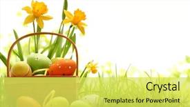 Presentation with easter basket - Slide deck having basket filled with easter eggs background and a yellow colored foreground