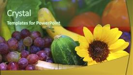  Presentation with fresh cut fruits vegetables - Theme consisting of basket filled with fruits vegetable background and a  colored foreground