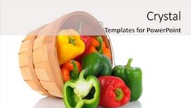  Presentation with spilling - Presentation consisting of basket full of fresh picked bell peppers on it s side spilling onto the surface horizontal format over a white background with reflection background and a light gray colored foreground