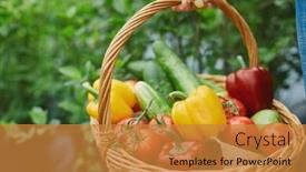  Presentation with cucumbers - Amazing presentation theme having basket full of fresh tomatoes cucumbers and peppers held by farmer backdrop and a gold colored foreground