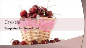  Presentation with cherry blossoms in full bloom - Presentation having basket full with fresh cherries background and a lemonade colored foreground