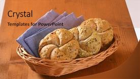  Presentation with gluten free bread on wooden - PPT theme enhanced with basket of fresh bread buns and blue napkin on wooden table background and a red colored foreground