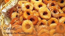  Presentation with powdered - Presentation design enhanced with basket of powdered sugar donuts stock photo background and a gold colored foreground
