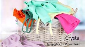  Presentation with clothing wooden clothes hanger object - Slide deck featuring basket on table in room background and a soft green colored foreground