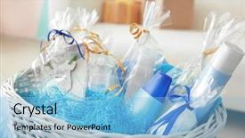  Presentation with wicker - Colorful theme enhanced with basket with baby shower gift backdrop and a light blue colored foreground