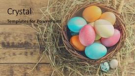  Presentation with eggs egg carton egg box - Colorful theme enhanced with basket with colorful easter eggs backdrop and a coral colored foreground