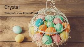  Presentation with easter basket - Audience pleasing slide deck consisting of basket with colourful easter eggs on wooden table backdrop and a coral colored foreground