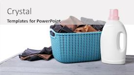 Presentation with laundry detergent - Colorful presentation theme enhanced with basket with dirty clothes and laundry detergent on table against white background backdrop and a light gray colored foreground