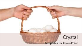  Presentation with mobile phone in woman hand - Colorful theme enhanced with basket with eggs in woman backdrop and a  colored foreground