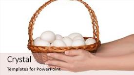  Presentation with mobile phone in woman hand - Slides enhanced with basket with eggs in woman background and a  colored foreground