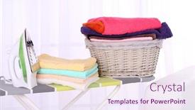  Presentation with ironing - Presentation design having basket with laundry and ironing board on light home interior background background and a sky blue colored foreground