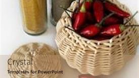  Presentation with flasks - PPT theme with basket with red chili peppers and three flasks of spices over white background background and a coral colored foreground