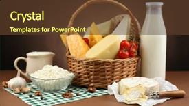  Presentation with dairy products - PPT theme consisting of basket with tasty dairy products on wooden table on dark brown background background and a tawny brown colored foreground