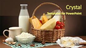 Presentation with dairy products - PPT theme featuring basket with tasty dairy products on wooden table on dark brown background background and a tawny brown colored foreground