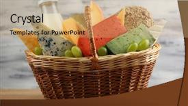  Presentation with dairy products - Presentation featuring basket with tasty dairy products on wooden background background and a coral colored foreground