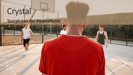  Presentation with virile young men - Amazing slide deck having basketball at the sport ground backdrop and a coral colored foreground