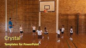  Presentation with basketball court - Colorful slide set enhanced with basketball-coach-teaching-to-schoolkids backdrop and a tawny brown colored foreground
