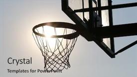  Presentation with basketball court - Amazing PPT theme having basketball hoop on basketball court backdrop and a light gray colored foreground