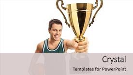  Presentation with gold trophy - Cool new slide deck with basketball player showing a gold backdrop and a light gray colored foreground