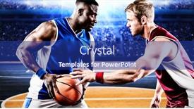  Presentation with basketball players - Slide set with basketball-players-in-action-against background and a navy blue colored foreground