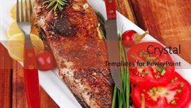  Presentation with main course - PPT theme featuring bass fish - served main course on wood background and a red colored foreground