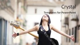  Presentation with bass guitar - Colorful slides enhanced with bass guitar - young beautiful guitarist in urban backdrop and a soft green colored foreground