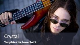  Presentation with bass guitar - Audience pleasing PPT theme consisting of bass guitar - young handsome musician in urban backdrop and a ocean colored foreground