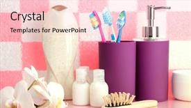  Presentation with tile - Presentation theme enhanced with bath accessories on shelf in bathroom on pink tile wall background background and a lemonade colored foreground