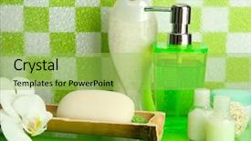  Presentation with tile - Slides with bath accessories on shelf in bathroom on green tile wall background background and a yellow colored foreground