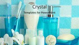  Presentation with tile - Colorful slides enhanced with bath accessories on shelf in bathroom on blue tile wall background backdrop and a arctic colored foreground