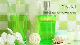  Presentation with tile - Slides having bath accessories on shelf in bathroom on green tile wall background background and a soft green colored foreground