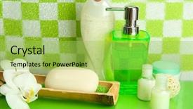  Presentation with tile - Beautiful slides featuring bath accessories on shelf in bathroom on green tile wall background backdrop and a yellow colored foreground