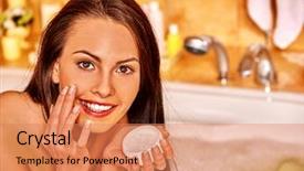  Presentation with sensuality woman black angel relaxing - Presentation theme with bath and applying moisturize cream background and a coral colored foreground