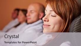  Presentation with wellness - Audience pleasing theme consisting of bath room fittings - attractive woman resting and smiling backdrop and a light gray colored foreground