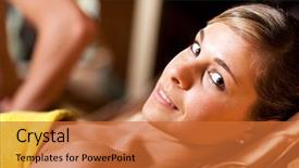  Presentation with beauty - Presentation having bath room fittings - young beautiful woman relaxing background and a  colored foreground