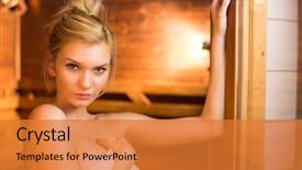  Presentation with relaxing - Presentation featuring bath room fittings - young woman relaxing background and a  colored foreground