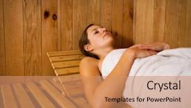  Presentation with relaxing - Colorful presentation design enhanced with bath room fittings - young woman relaxing backdrop and a  colored foreground