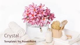  Presentation with water cup - Presentation featuring bath spa background with towel bottle oil soap starfish brush frangipani in water cup background and a lemonade colored foreground