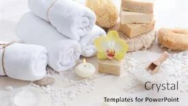  Presentation with handmade spa bath soap - Colorful slides enhanced with bath spa treatment composition on wooden with pile of white stones texture background backdrop and a lemonade colored foreground