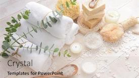  Presentation with treatment - Amazing slide deck having bath spa treatment composition on wooden with pile of white salt texture background backdrop and a soft green colored foreground